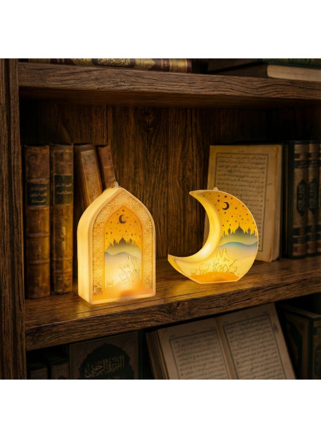 طقم فوانيس رمضان ليد قطعتين – يشمل شكل هلال وشكل أرك إسلامي – إضاءة ديكور للمنزل والتعليق (12 × 8 سم) - Image 1